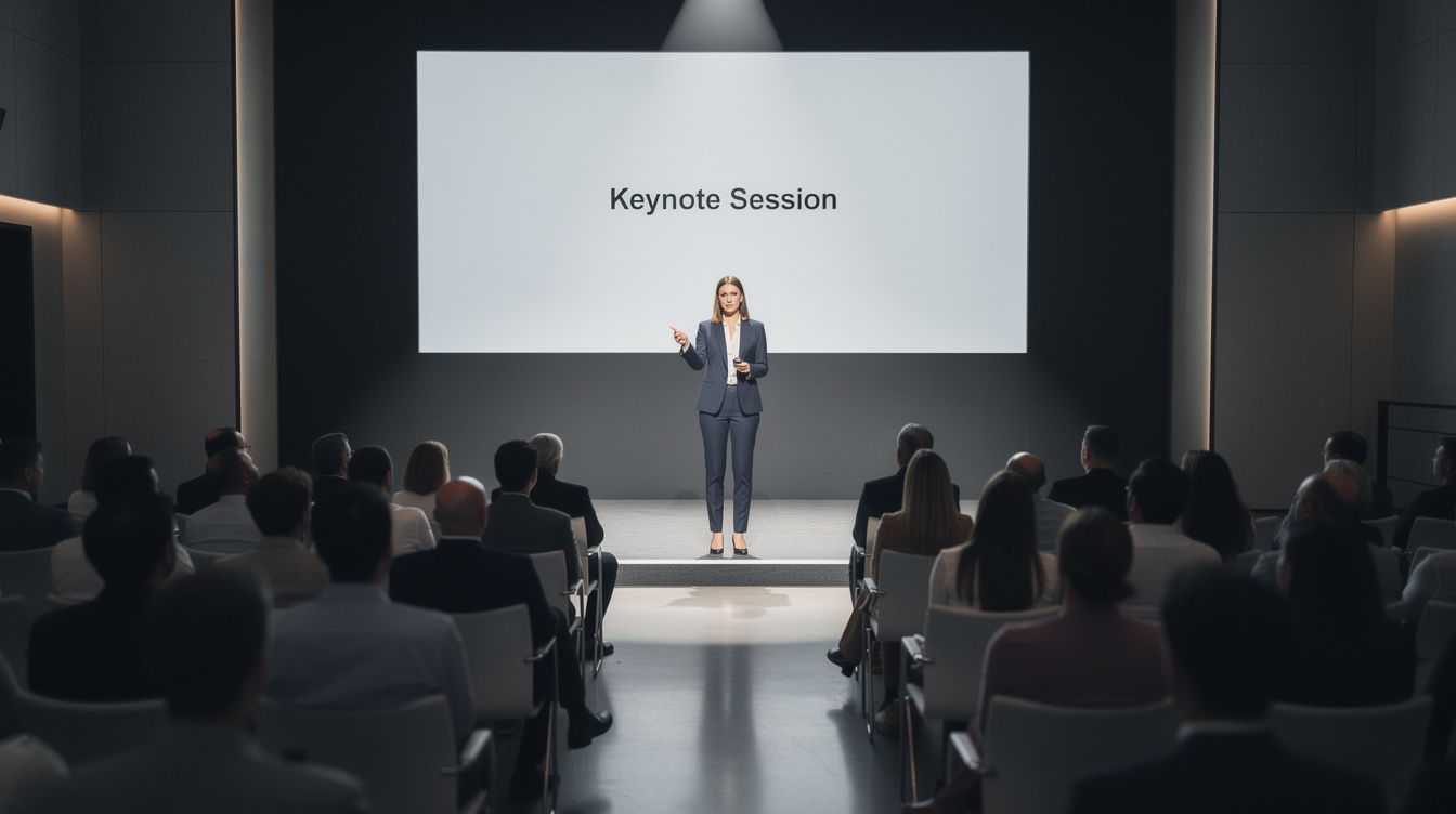 Speaker presenting a keynote to a seated audience
