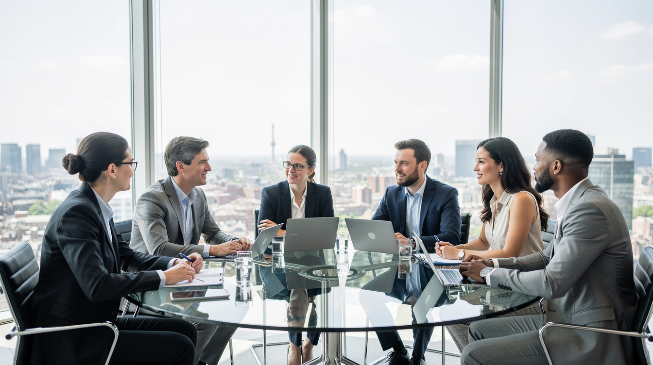 Small group having a roundtable discussion in a modern boardroom